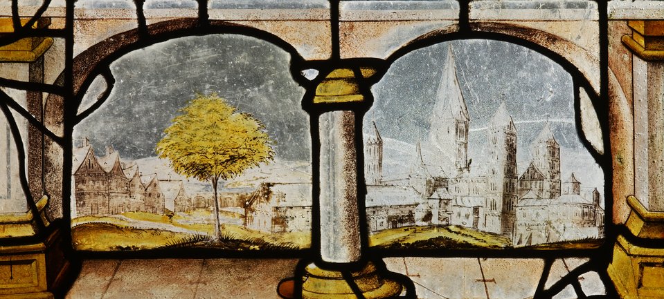 Kloster Ehrenstein bei Neuwied: Südliches Langhausfenster, Vedute mit dem Bonner Münster.