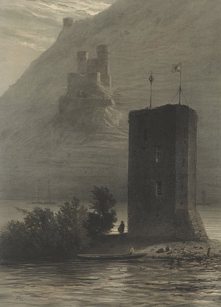 Paul Lauters, 1850: 'La Tour des Souris et Ehrenfels' (Chromolithographie).