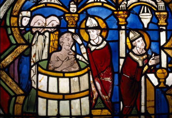 Köln, St. Kunibert: Der heilige Clemens wird von Petrus getauft.